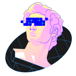 Human face with a blue glass